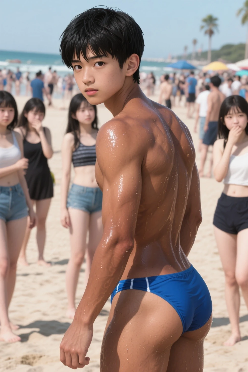 a tanned athletic big-beady-eyed japanese boy with blonde crew-cut hair, wearing fundoshi, sexy, no shirts, in urban summer setting with blue sky, completely sweaty, hyper detailed, 8k, photorealistic, high brightness lighting, dazzling, physically-based rendering, vibrant colors, masterpiece, full body shot