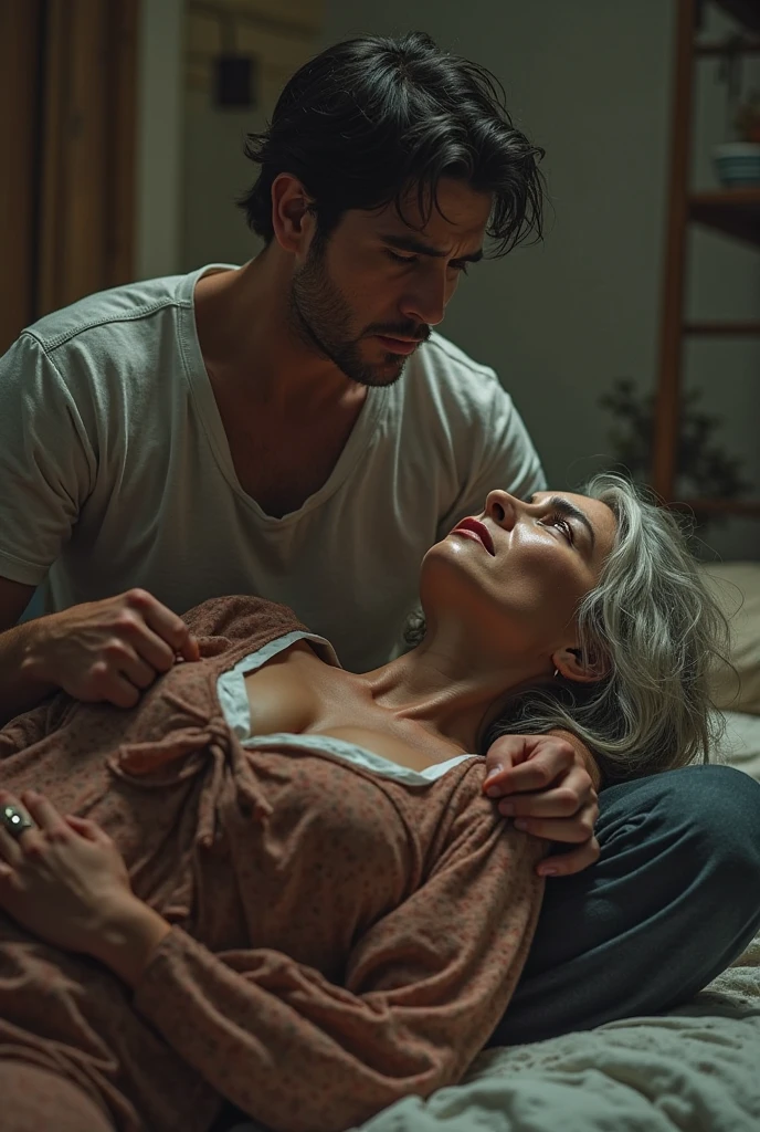 Erotic huge breast 60 years old woman on couch in dress showing cleavage seducing handsome shirtless man standing at door, seduction , intimacy , full body , wide screen shot , bright photo