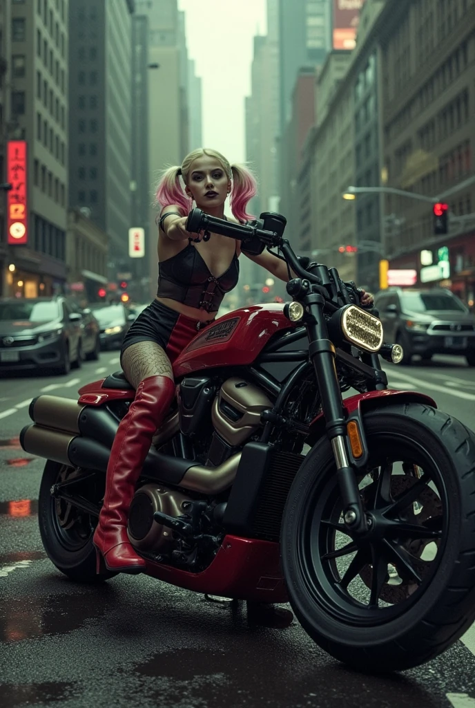 Harley Quinn riding a motorcycle completely naked in front of the police