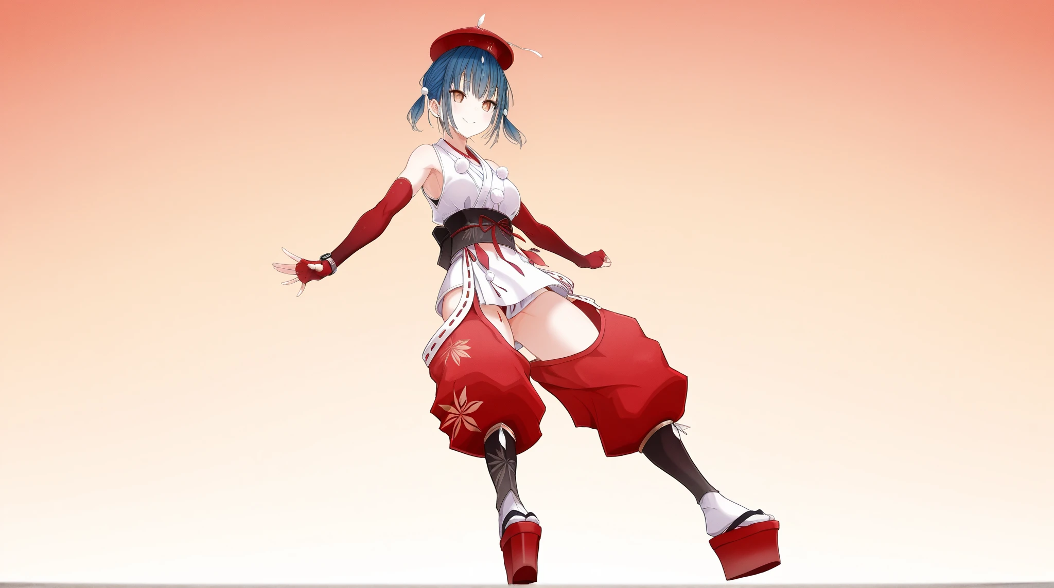 niji-karutacos1、Nijisanji、Yamagami Karuta、White Kimono、short kimono、sleeveless、Pom-pom\(Clothes\)、Black Belt、The plug、red pants、 Cut Out Pants 、hip vent、 Crotch Cut Out 、 Thigh Cut Out 、 thighs exposed、elbow gloves、red gloves、fingerless gloves、 socks、Gradient socks 、white socks、black socks、Talkin' Hat、red hat、Platform shoes、Red footwear、Watch here、smile、 Bust、