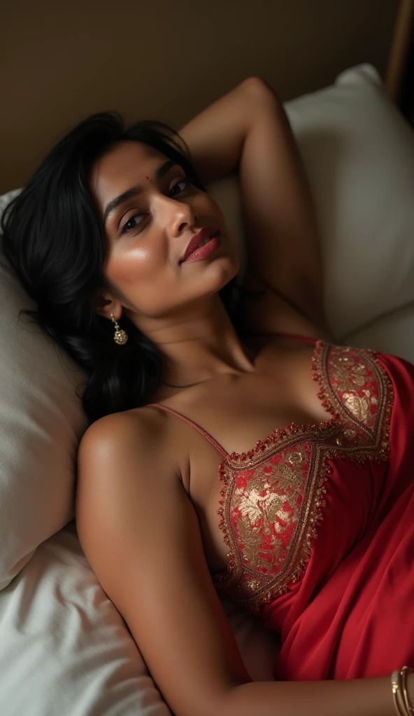 night scene, sea view, night time, Indian woman laying on a satin bed sheet wearing a satin robe with lace border, under which she is wearing in bridal red lingerie, , bed is decorated with rose petals and golden satin bed sheet, hourglass figure, deep cleavage, romancing each other in a ship deck in sea, showing armpits, red lips, necklace, sultry, look at viewer and smile, (cinematic:1.3), intricate details, (ArtStation:1.2)