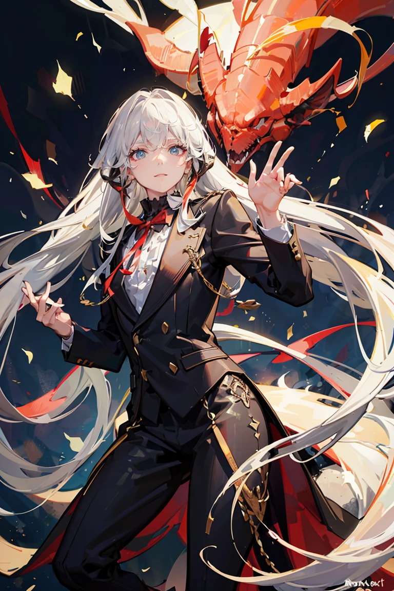 a young man with white hair and red eyes, chinese style outfit, solar obsidian aura, detailed facial features, detailed clothing, highly detailed, 8k, photorealistic, digital art, cinematic lighting, dramatic lighting, fantasy,