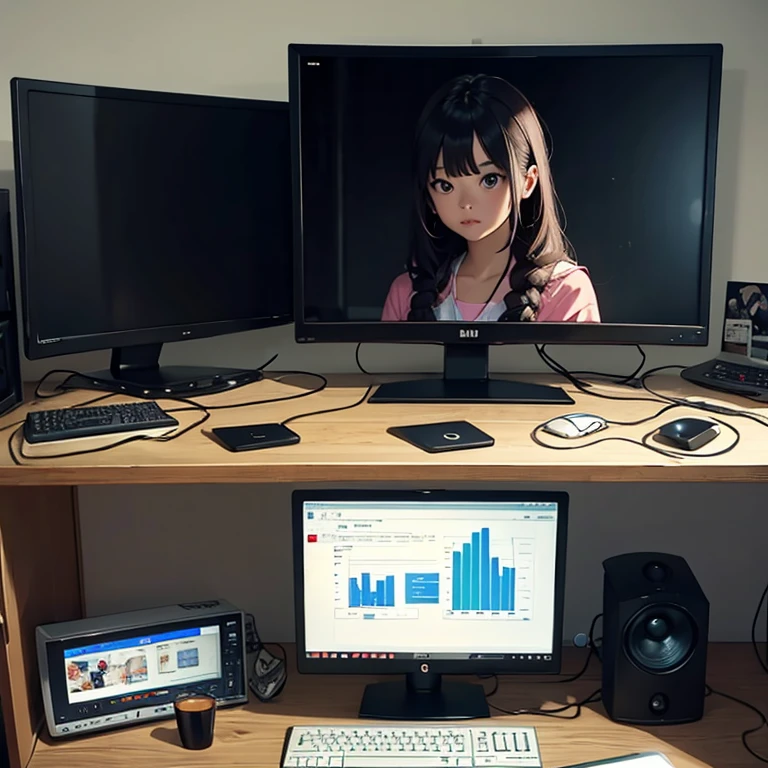 (Facing forward), smiling, a beautiful woman working on a PC while sitting in a cozy bedroom, working while listening to music in a cozy room (night), using headphones, on a rooftop, (beautiful night views from windows), cluttered with many objects, 2D anime style, 90s anime aesthetics, lo-fi, highly detailed, hard disk, a mix of anime style and Fujifilm, surreal, 8k, masterpiece