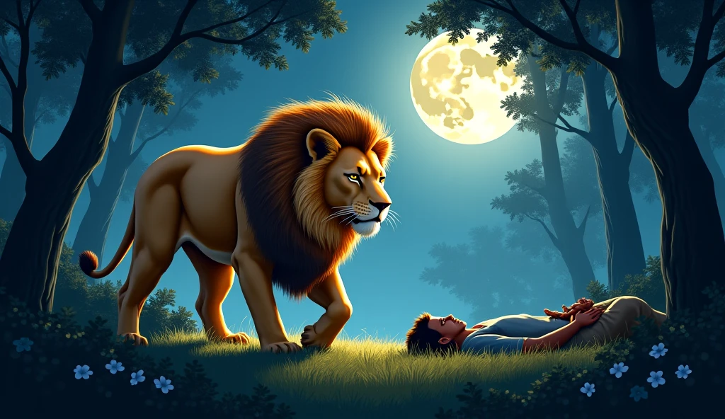 At night the lion dreams of returning home with the baby from the jungle.