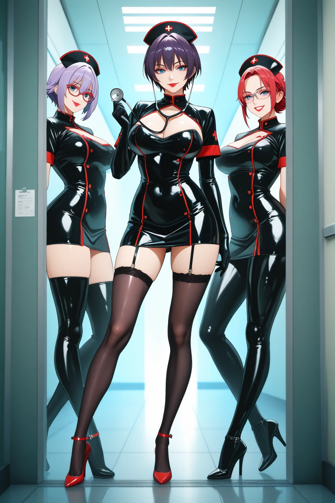 One girl, alone,Black Nurse, black nurse cap, Black clothes, ((Black legwear, zettai ryouiki)), Black gloves, Very short hair, Orange Hair, smile, Open your mouth, Are standing, ((Hospital room)), Sharp contours, Short sleeve, Tomboy, boyish, highest quality, masterpiece,facial,Heart symbol、uterine orifice、Fertilization, Glasses,Voice of the Heart,Breast milk,Ecstatic expression、yandere、Until death、Purple eyes,blush、Downward shot