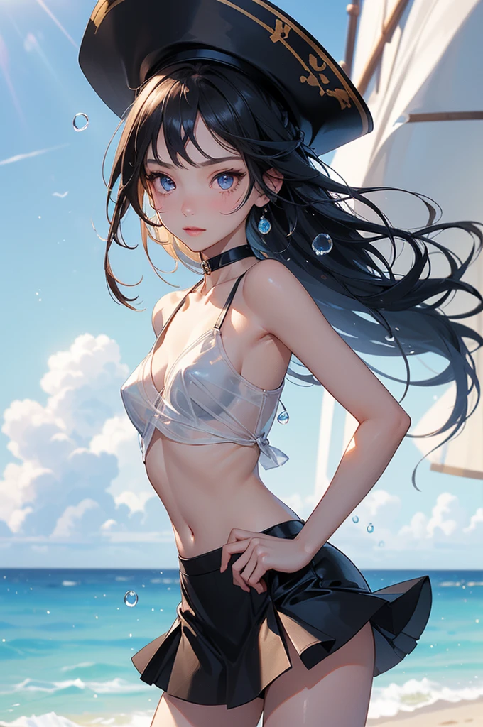 Female nipple，sandbeach，the sea，Fine bust ，sun beam，light wind，swim skirt，Black hair，High ponytail，faces the audience