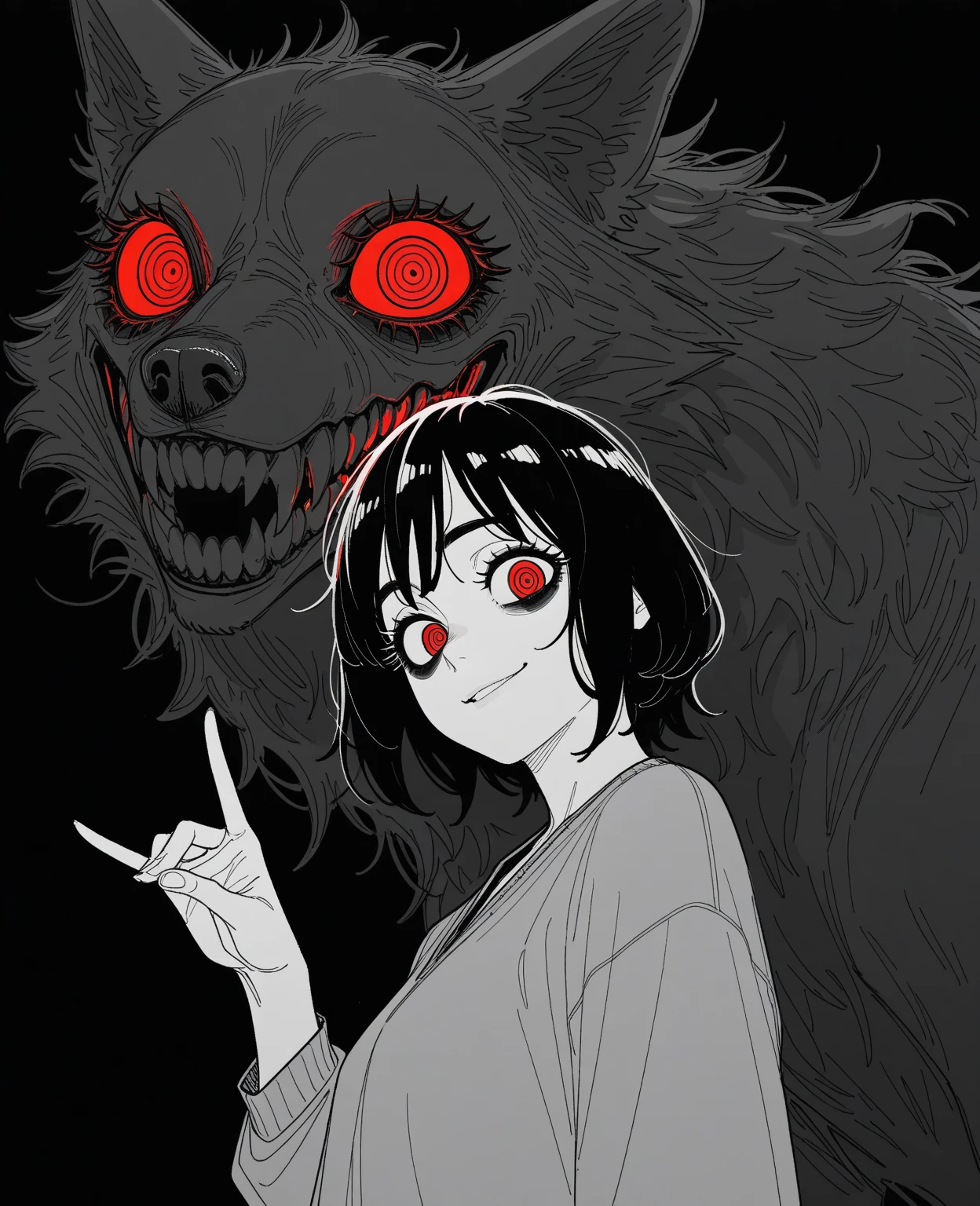 <lora:NOOB_vp1_detailer_by_volnovik_v1:0.35> <lora:noobai_ep11_stabilizer_v0.114_fp16:0.35> <lora:ponyv6_vpred6:0.3> 
<lora:tenebriflora-wai:0.7> tfaix
bags under eyes, big eyes,  (black eyeshadow:0.8),  thick eyelashes, 
monochrome, greyscale, 
makima \(chainsaw man\), eyes on background, ringed eyes, upper body, fox shadow puppet, from side, sideways glance, from side, looking at viewer, smirk, glowing yellow eyes, monster, from below, looking down,
masterpiece, best quality, amazing quality,
sketch, unfinished, messy lineart, 
horror \(theme\), 
(in style of fujimoto tatsuki \(style\),:1.2) (norakura \(nr kura\):1.2),