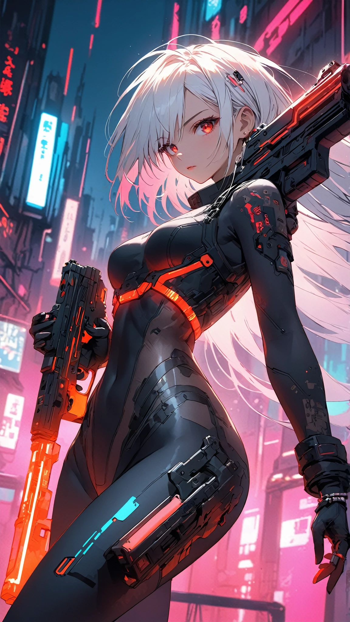 woman,Comic Style,Robotic Arm,Ray Tracing,CG,Neon,goggles,gun(In the future city at night,A girl with cybernetic implants)Silver-haired, red-skinned female warrior holds the hilt of her sword and looks down from above,(Neon, holographic, Flying Cars),(best quality,Ultra Detailed,High target),(Cyberpunk,novel),(Vibrant colors,Dark Tones), (Dynamic Lighting,Street Lights,Light Signal)
