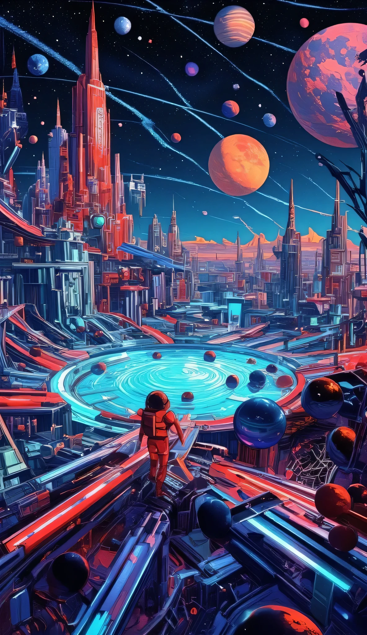 A domed water park that travels between the planets in space、Wearing a space suit、TREE SLIDE、attractions、photographic realism、extreme detail、professional、vivid colors、Bokeh、Planet Exploration 、no gravity、GLASS CAPSULE、SMOOTH AQUA、Reflections、neon light、demonstrating technology、SFfantasy、fantasy、Studio Writing、Highest Quality、masterpiece、4K、HDR、