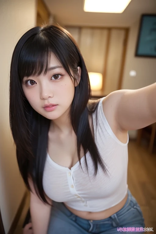An arafe woman wearing a white tank top looking out the window, 8K selfie photo, Wenfei Ye, Chen Xintong, Take a selfie shot directly in front of you, near the window, next to a big window, looked at big window, hot with the shining sun, near the window, big window, Very clear vision, Lovely lady
