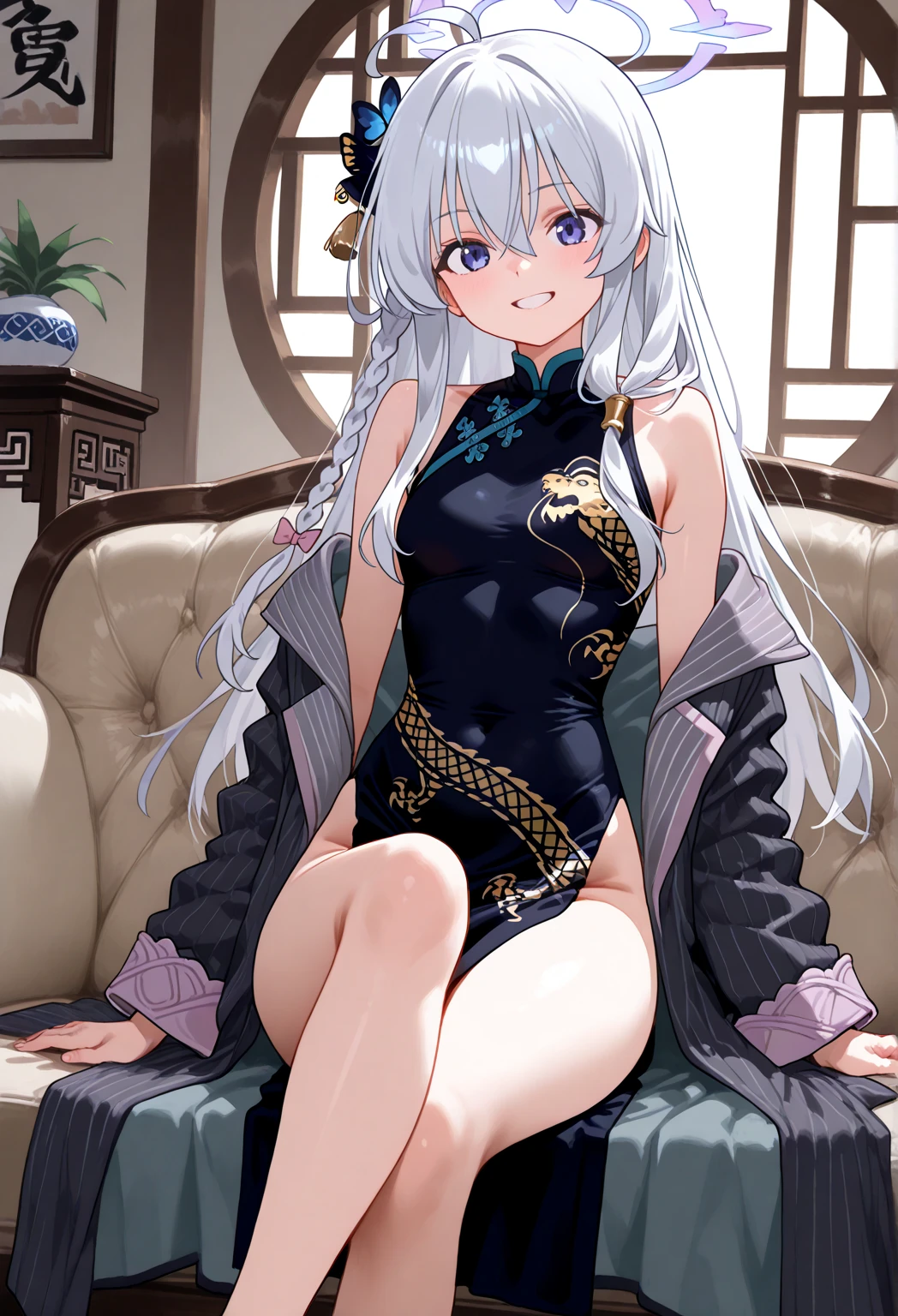 ,Highest quality,Silver Hair,Brown skin,Dark Skin,Sunburn,Purple Eyes,Very long hair,Straight Hair,Chignon,Flat breasts,Qipao,See-through,Bedroom,On the bed,Toned body,slender,