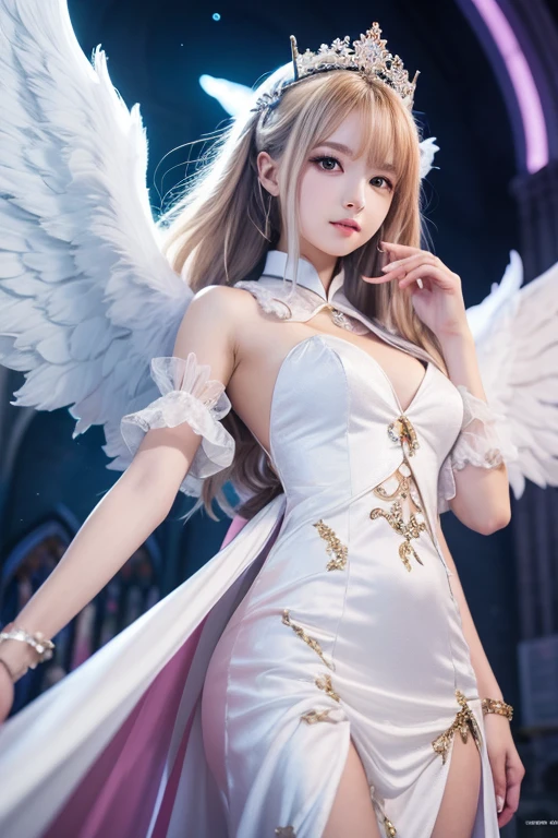 girls are angels, white long hair, The girl has clear red eyes, ifa lockhart, The girl is 16 years old, beautiful skin, realistic anime, anime realism style, Output in 8K, highest quality,Natural light, professional lighting, shiny skin, silky skin, lay tracing, Wearing white, angel wings, シャイニングwhite, bright, white, white wings