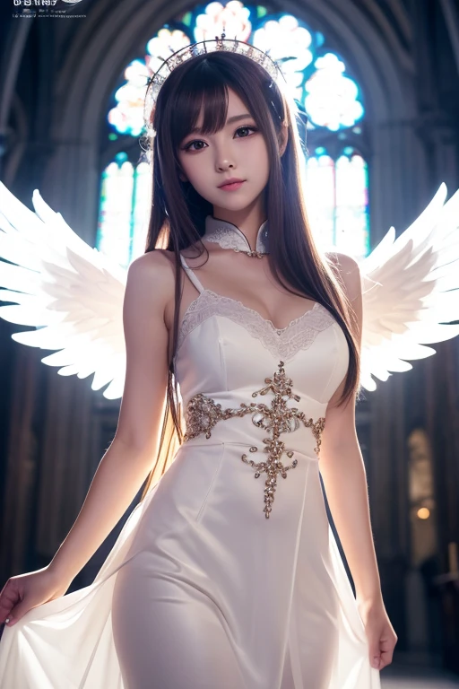 wearing awhite dress, Cleavage, Long hair, Angel wings, standing with one hand outstretched, ribbons covering both eyes, Sideways, Flying, Barefoot, Legs exposed, Shoulders exposed, Panoramic View, Depth of field, all-body, church, Dark background,