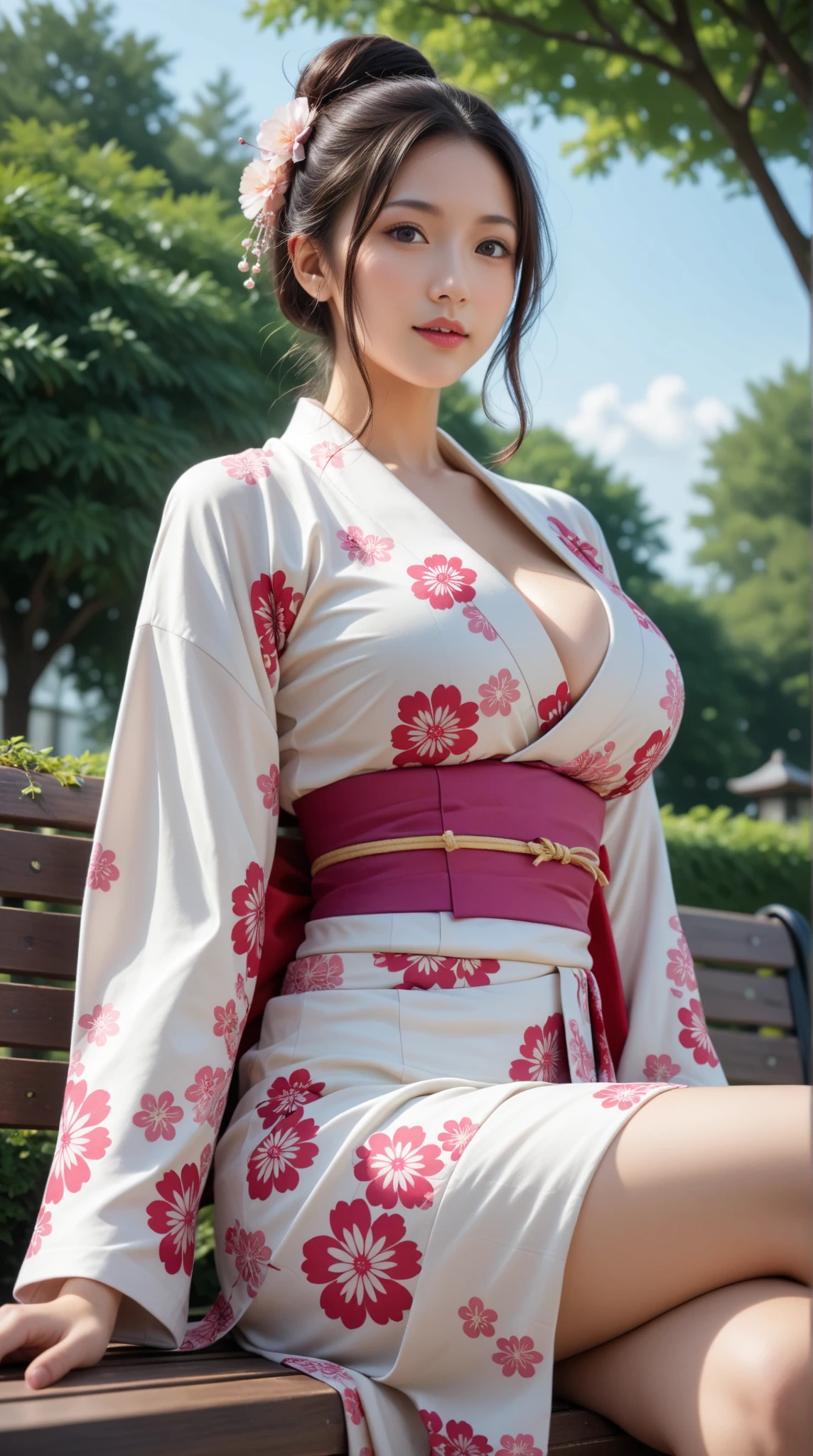 Best Quality, Masterpiece, High Resolution,detailed face,full body, 1girl,sexy, sexy kimono Costume, , Real People, (High Detail Skin: 1.4), SLR, Soft Light, High Quality, High Resolution, Background fantasy world, dynamic pose , flirty pose, smile , charming face , long hair , cherry bloosom , sitting pose