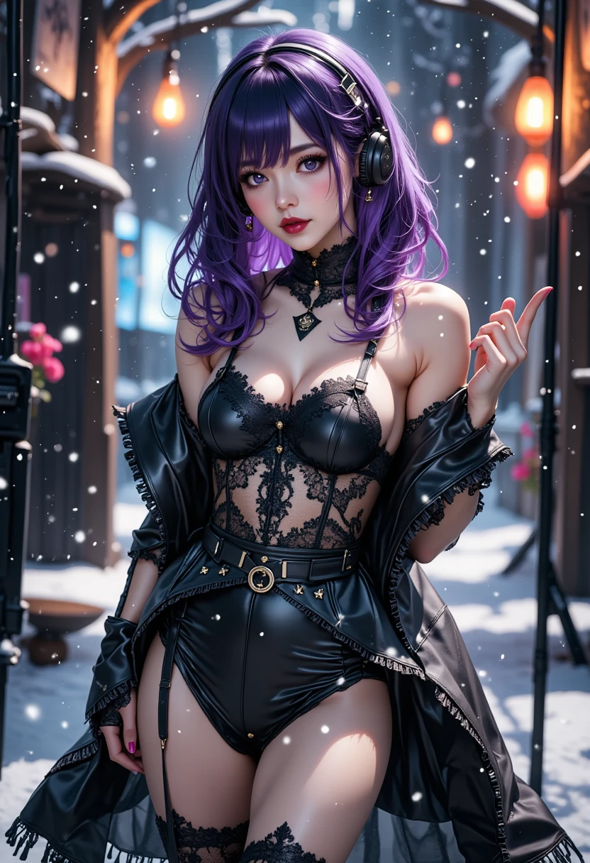 finest image, (8k, RAW photo, realistic), detailed and delicate depiction and flashy and dynamic painting method, cool beauty female, iridescent white flowing layered short hair, blue shining big eyes, long eyelashes, double eyelids, half open crimson alluring moist big thick lips, amorous expression, lewd expression, flat chest, abs, slender, perfect proportion, hot pink lace micro mini bra and panty, black leather long coat without buttons, black Ushanka, black engineer boot, blurry background snow field, falling snowflakes and ice crystals, fantasy, many red petals, iridescent golden particles, iridescent light, professional lighting