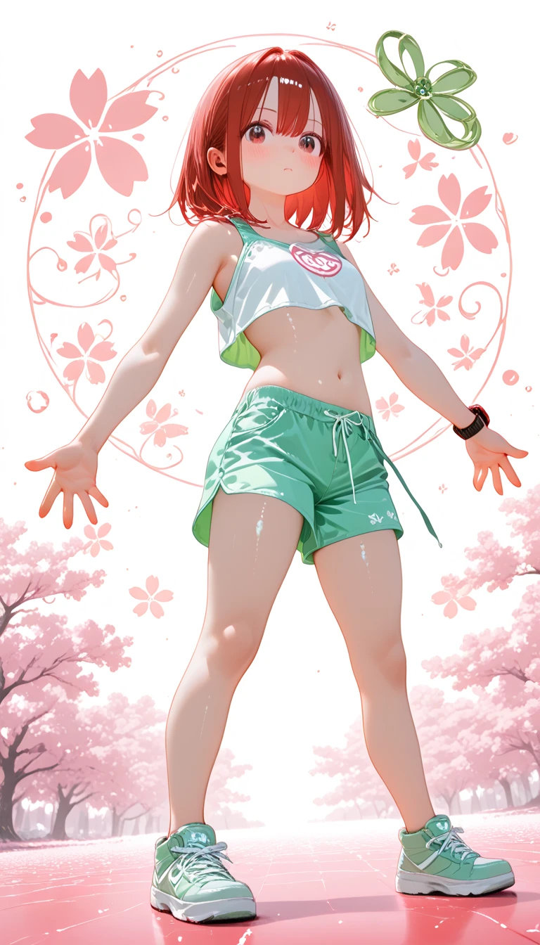 masutepiece, fullllbody, 1girl in, Solo, Standing, Pink tones, Manga style, pink cherry blossoms nearby,14years, Pink hair、swim wears, (White background), Looking at the viewer, side front pose