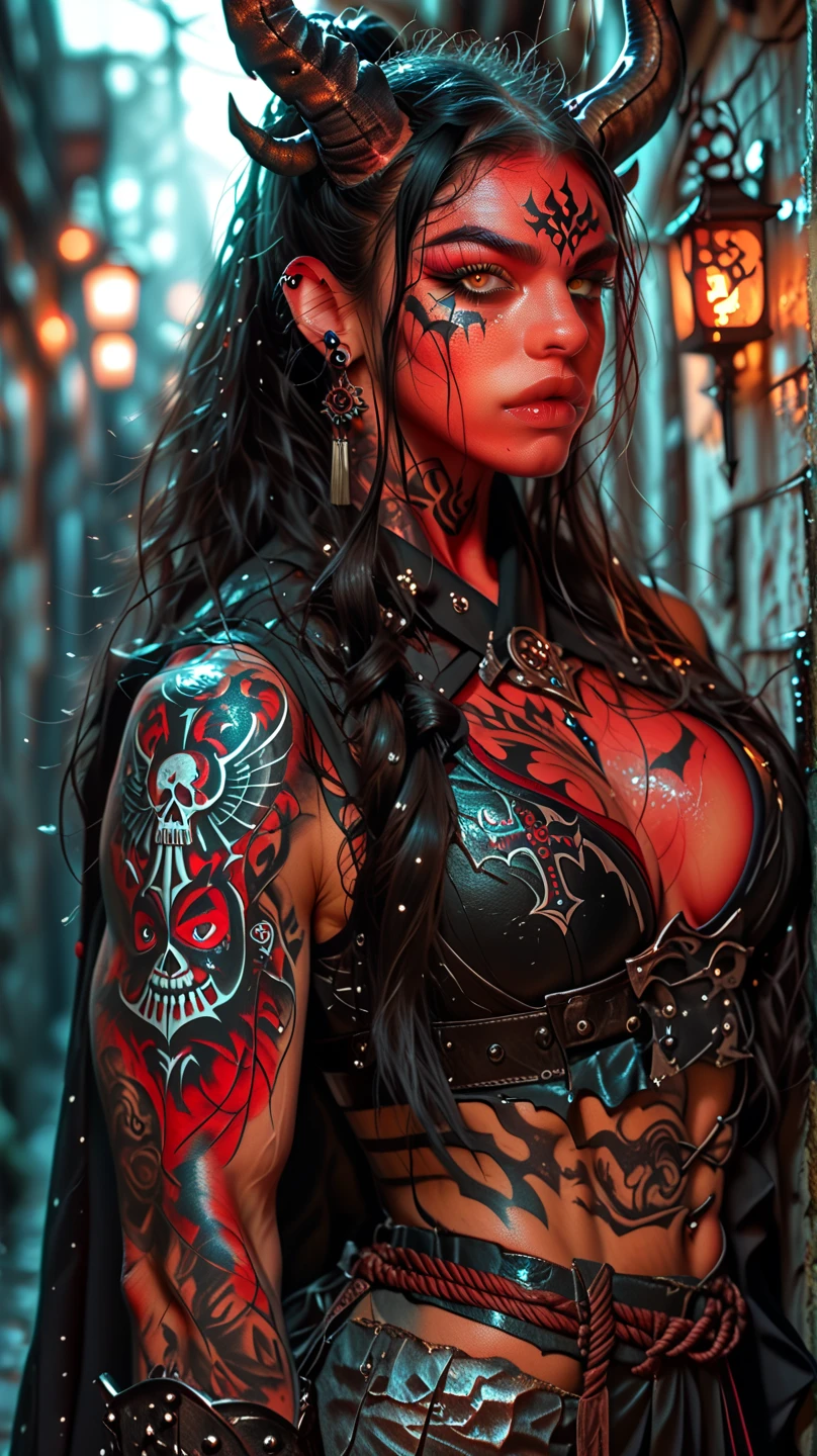 (((mulher))), (((melhor qualidade))), (((obra prima))), (((adulto))), (((1girl))), ((( Cabelos super curtos ))), (((corte de cabelo curto))), (((tatuagem negra em forma de letras))), Uma mutante cyberpunk mulher de 25 anos com corpo perfeito, Jamie Lee Curtis, rosto limpo, (( jaqueta aberta com spines, multi colorida )), no-bra, micro latex skirt, tiny latex panties, Texturas intrincadas, quase nua no estilo selvagem urbano de Simon Bisley para a capa da revista Heavy Metal, Spectacular colorful graphics, Minimum clothing, Metallic protection on the shoulders and arm with intricate alien graphics, Dark blue with white stars and red and white checkerboard pattern, (((do joelho pra cima))), (((  Cabelo laranja e preto  ))), Ao fundo design intrincado em art deco, (((tatuagem)))