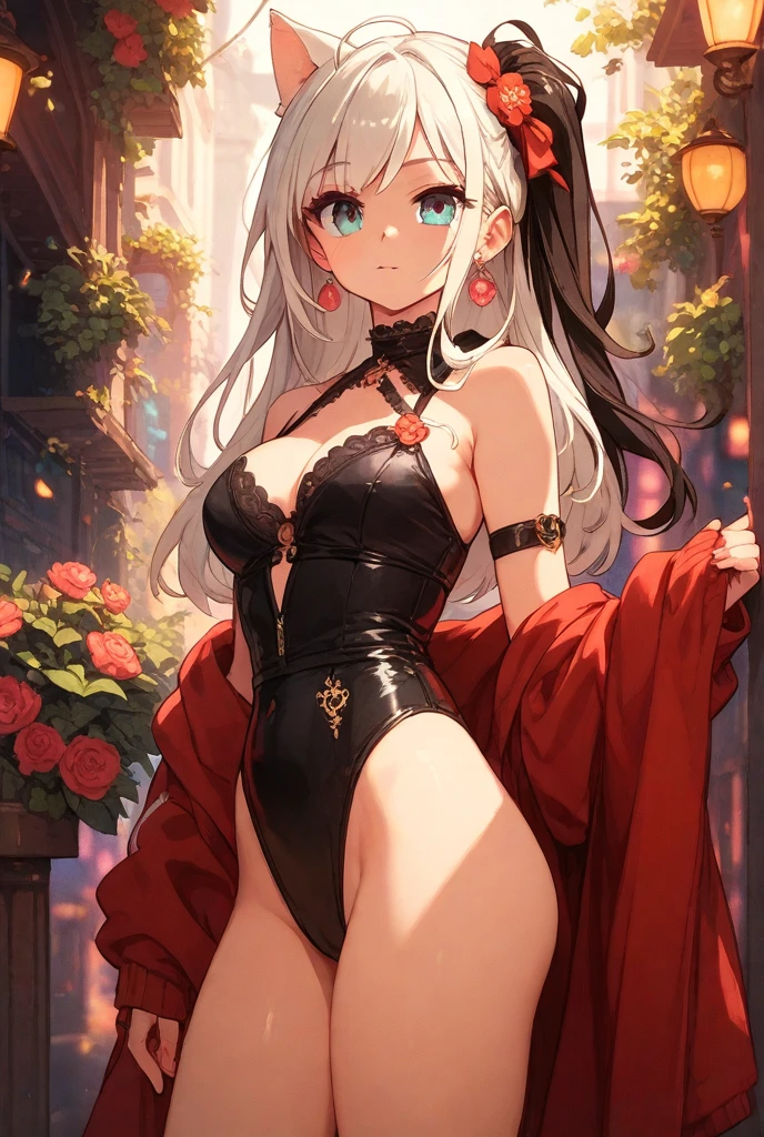 (1girl), (masterpiece), (best quality), ((looking at the viewer)),((facing the viewer))
Her hair, as white as the moon, cascades in soft waves over her shoulders, capturing light subtly and adding a halo of mystery to her figure. Her eyes, blue as a tranquil ocean, sparkle with a mischievous glint and a seduction barely contained. When she looks directly at you, her gaze penetrates with a captivating intensity, inviting the observer to uncover the secrets hidden behind her serene facade.
Her face is softly sculpted, with delicately defined cheekbones and soft lips that curve into a suggestive smile. Her pale, perfectly cared-for skin enhances the purity of her features, while her black dress, adorned with intricate golden details, embraces her figure with elegance, revealing just enough to suggest but not to fully disclose.
Walking with feline grace, each movement of her body exudes a sensual confidence and an air of mystery. Her presence not only attracts glances but also leaves an indelible impression on those who cross her path in the vibrant night of Moscow.