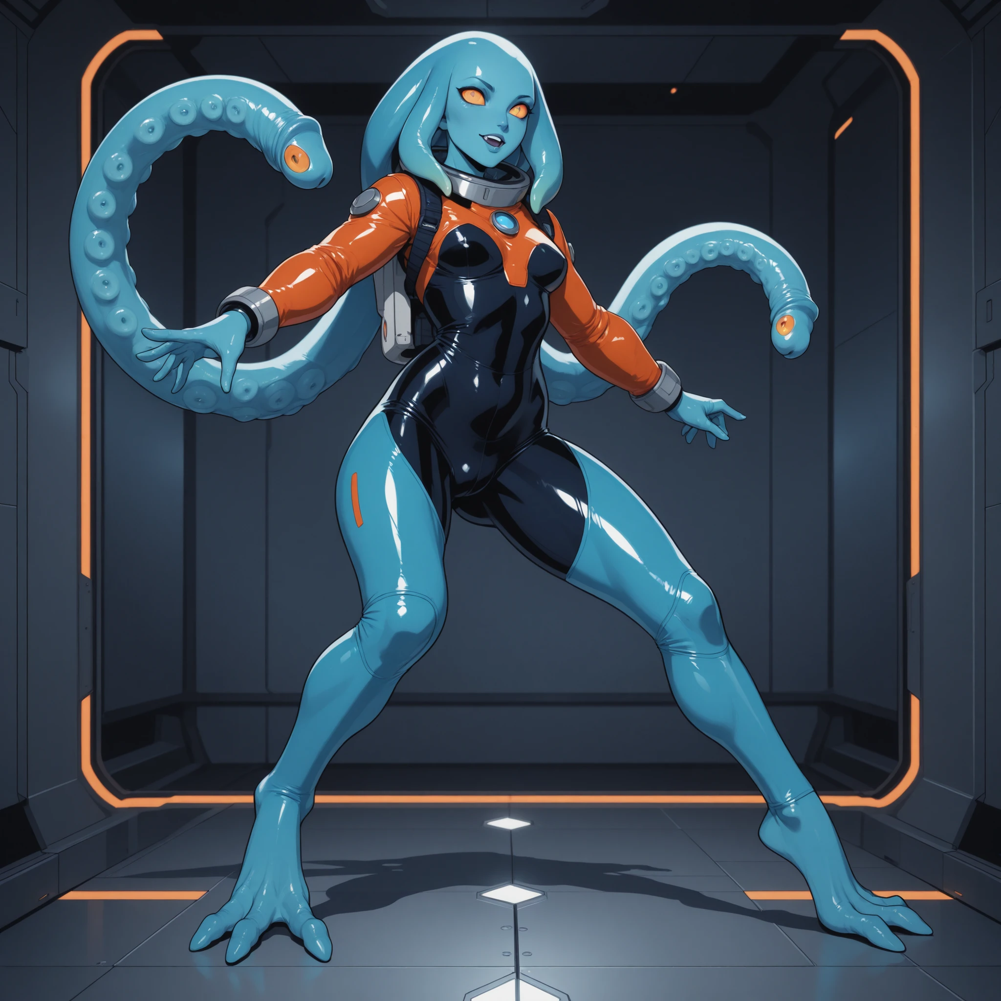 Full body alien woman with blue skin, big head, no ears, tentacle hair, recurved legs, ovipositor penis, in spandex spacesuit, spaceship laboratory background