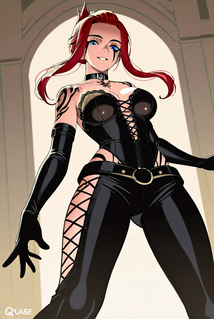 (ultra quality character model, masterpiece, 4k resolution, hdr, realistic shadow, ultra quality texture, depth of field) <lora:balsamique:0.6> in a hotel bed room with dark lighting, a sadistic woman, wearing earing, unzipped latex outfit, latex glove, latex boots, spiky collar neck, long ((wavy red hair)), blue eyes, tattoo on body, holding a whip, sadistic smile.