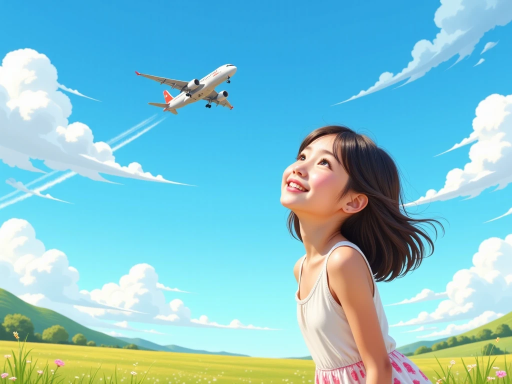 A child inside a plane, white dress, smiling, near the window, looking towards the sky