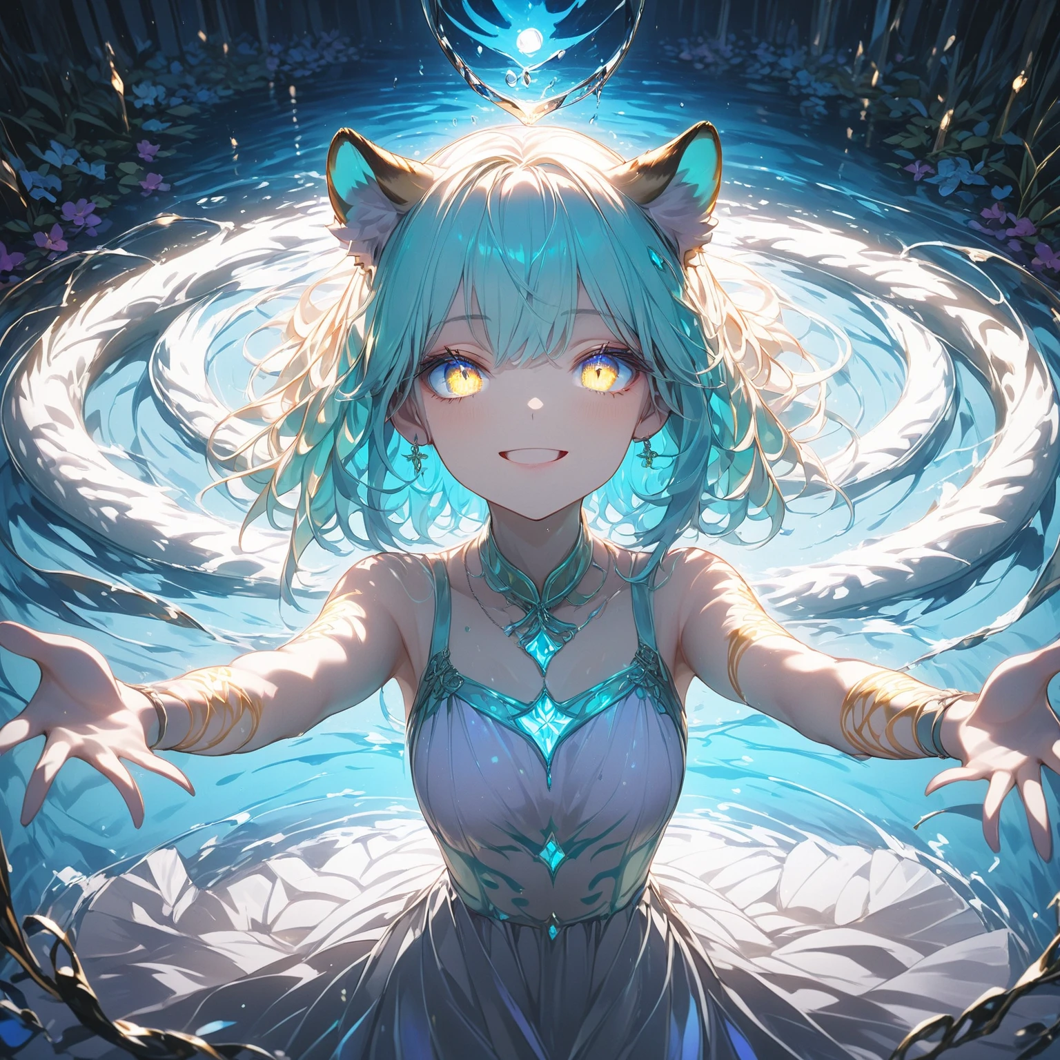 Detailed textures, high quality, high resolution, high accuracy, realism, color correction, correct lighting settings, harmonious composition. The girl stands in the dark, surrounded by particles of light and shimmering silver sparks that form an unearthly glowing silhouette of a cat above her head. The atmosphere is mysterious, and the soft lighting creates a magical atmosphere. Digital illustration. --ar 3:4 --niji 6