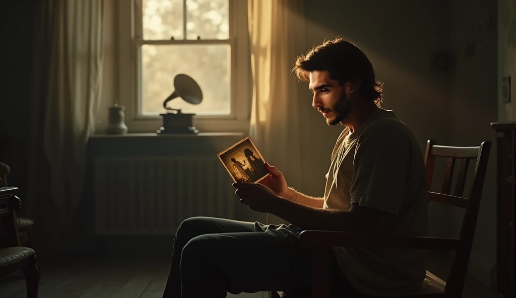 A man of age 28 with good hair and slight beard looking at a childhood picture of him playing with his childhiod friends with headphones in ear,on a nostalgic background