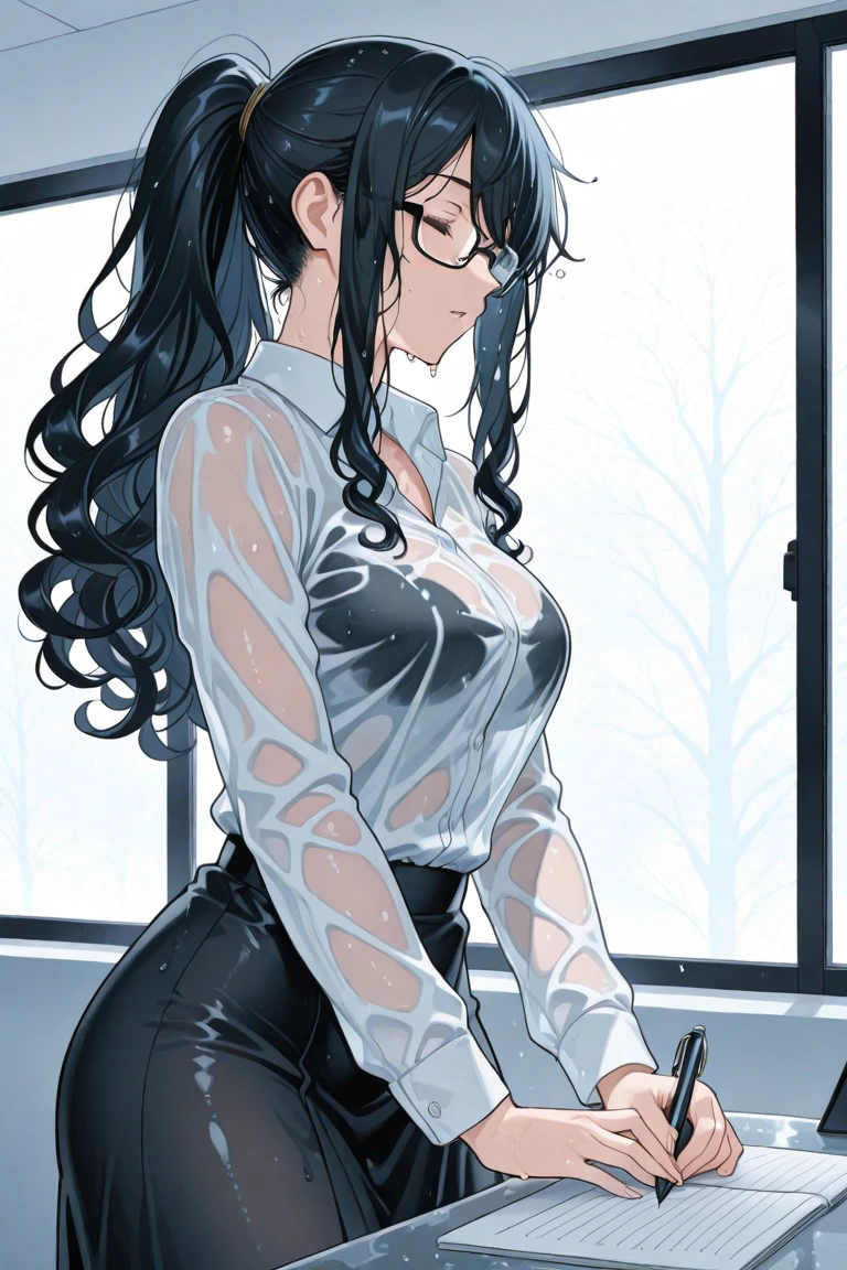 masterpiece,Big Breasts,beauty,Purple glasses,Black Hair,Side Ponytail,Bloody,rabbit mask,Holding a hatchet,heavy rain,Wet with rain