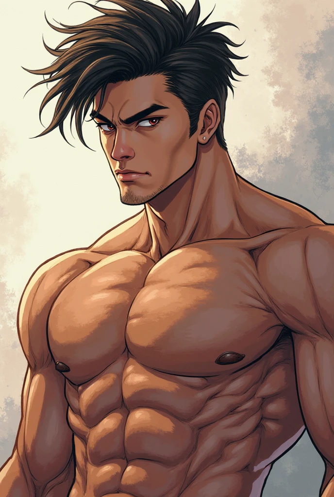 male, long lashes, shoulder length wavy hair, crimson eyes, plump pink lips, muscular, shirtless, in city, vibrant lighting, beauty marks, slit eyes, strong jawline, mysterious, dark, moody, edgy, beautiful, diamond face shape,