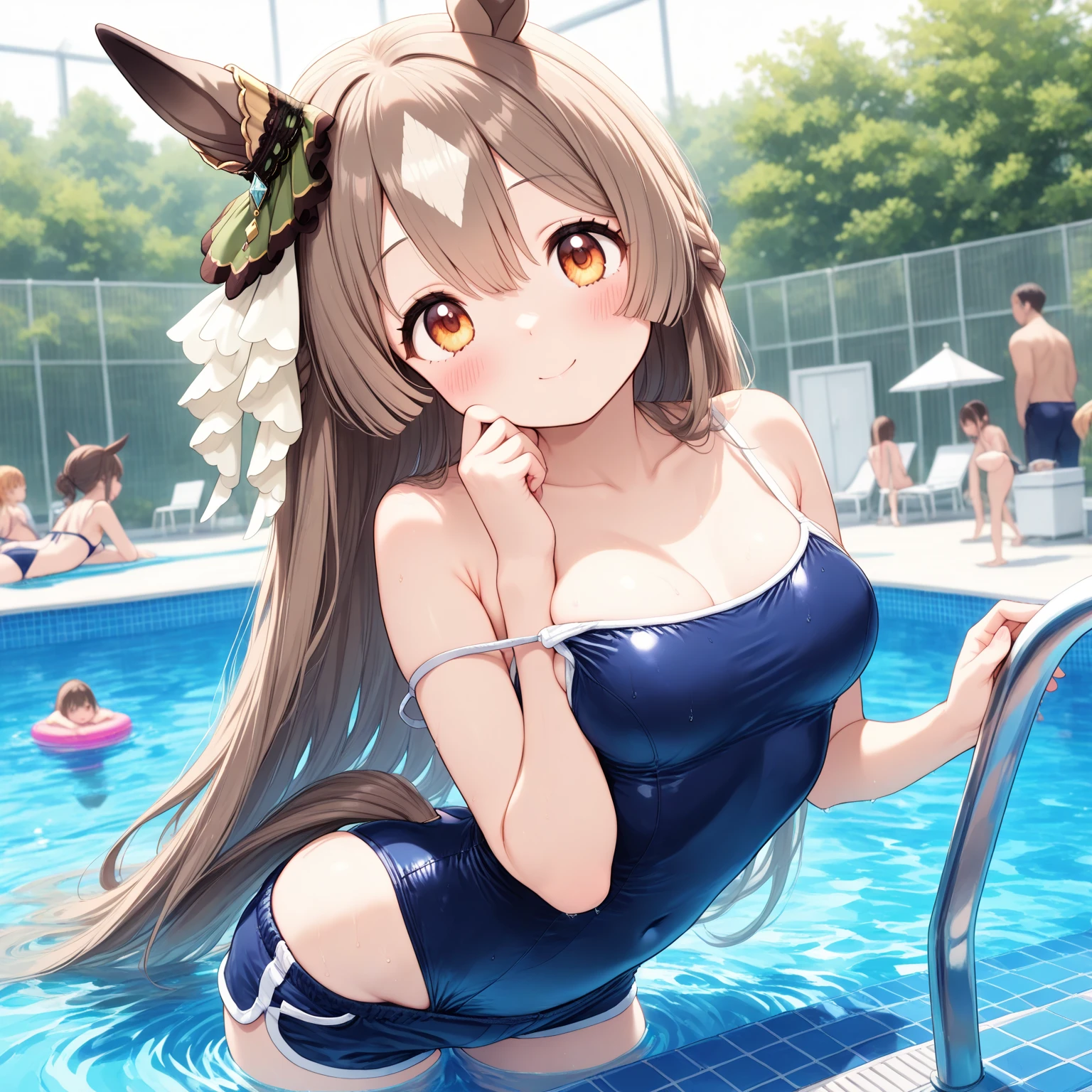 masterpiece, best quality, high quality, beautiful anime character, solo, anime girl with brown hair, soft hair, long hair, blue eyes, cat ears, big breasts, teenage female, tall female, big girl, thick, (calming face, light smile, loving eyes), outdoors, (pool swimsuit), cat tail, full body, sitting,