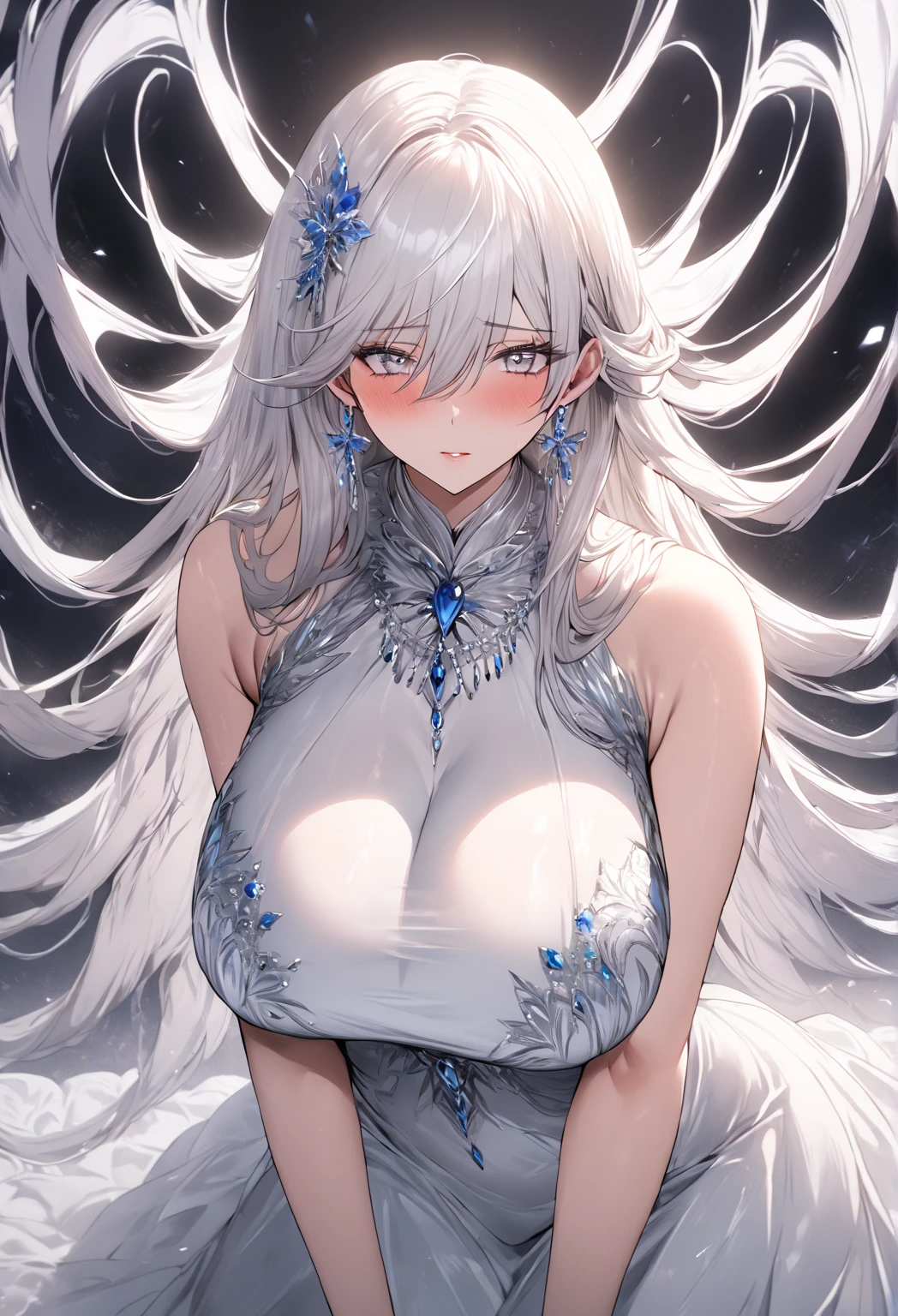 (Heavenly Paradise), White lighting,(Mastepiece), (Best Quality), (Cinematic), 8K, (Art Station),(長いWhite HairとSilver Eyesを持つ1人の女), (Beautiful delicate face)、[Frozen Tree々], [Landscape Crystal], [lighting], [Ethereal atmosphere:1.1], [Fantasy, Short stories] ,[soft なlighting] 、(+Cinematic shot:1.2)、 [+Art Station] 、[+Glowing white background] 、 [Soft Glow] 、(Creative and dynamic angles:1.3), [+Crystal Toning] 、Mastepiece, Very detailed, Super detailed, Solo, (Light skin), Silver Eyes, White Hair, (Snow Background), (Snowflake Rose Flower:1.0), (Shining Crystal), (Snow covered ground), (White eyelashes), y Woman、Dreamy details, A glamorous setting, 妖しい雰囲気 Mastepiece, The most beautiful scene, Majestic、(((Lots of white flowers:1.0)))、Quiet and peaceful atmosphere、attractive, All white tones,Inside the Crystal Library,Transparent flowers and falling snow，Many white roses are planted,(water flowing,waterfall,Water Bloom),The decoration is also carefully done.,dream（Very detailedです，Creative Design，Crisp and precise lines，K HD，Best Quality，Masterpiece，超High resolution，4K）、Various poses、((Beautiful white flower hair ornament))、Beautiful hairstyle、(Best Quality, 4K, 8K, High resolution, Mastepiece:1.2), Super detailed, Detailed Expression, Graceful Posture, Expressiveなブラシストローク, Mysterious atmosphere, Artistic interpretation,Delicate Floral Jewelry， (((Detailed design、A beautiful, thin, transparent dress、A sheer mini dress that lets your skin show)))、(SFW:1.5), (Oversized breest body proportions, Large Breast Prons:1.5)、Expressive
