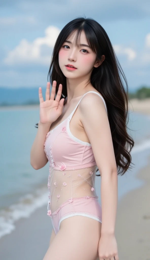 Blackpink, Kim Jennie, chica surcoreana, cosplay de Luffy D'Monkey; One Piece, sombrero de paja, top, falda szul, senos grandes, sonrisa tierna, con el fondo de un mar, super realista, realista, alta calidad