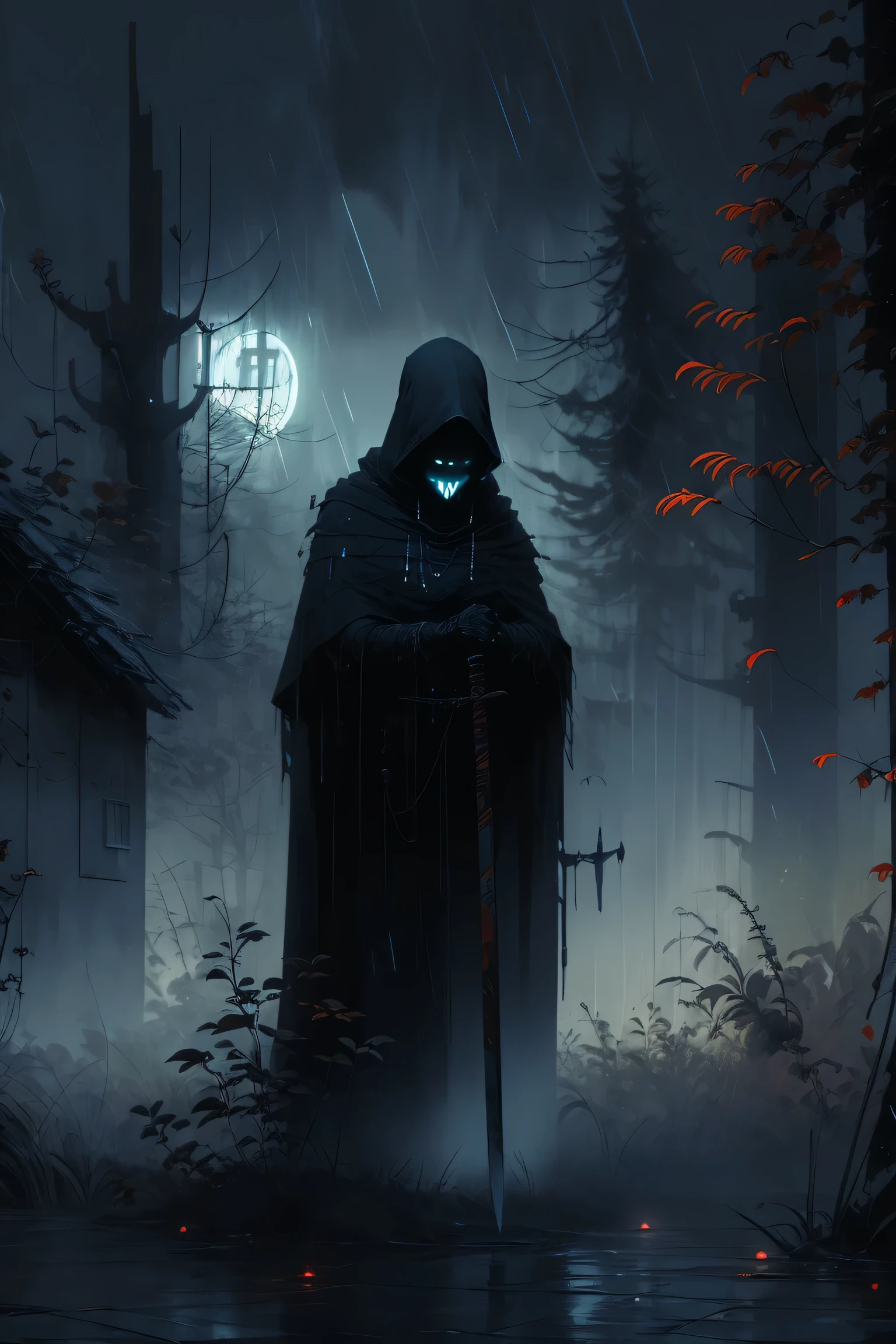 (best quality,highres),detailed reaper with scythe,ominous atmosphere,dark fantasy,gothic style,heavy shadows,misty fog,moonlit night,rustling leaves,sinister presence,mysterious figure,sharp sickle,hooded cloak,ethereal glow,ominous sky,chilling wind,ominous aura,gloomy setting,whispering echoes,haunting landscape,spectral beauty,color contrast,dramatic composition,spooky vibes,dark imagery.