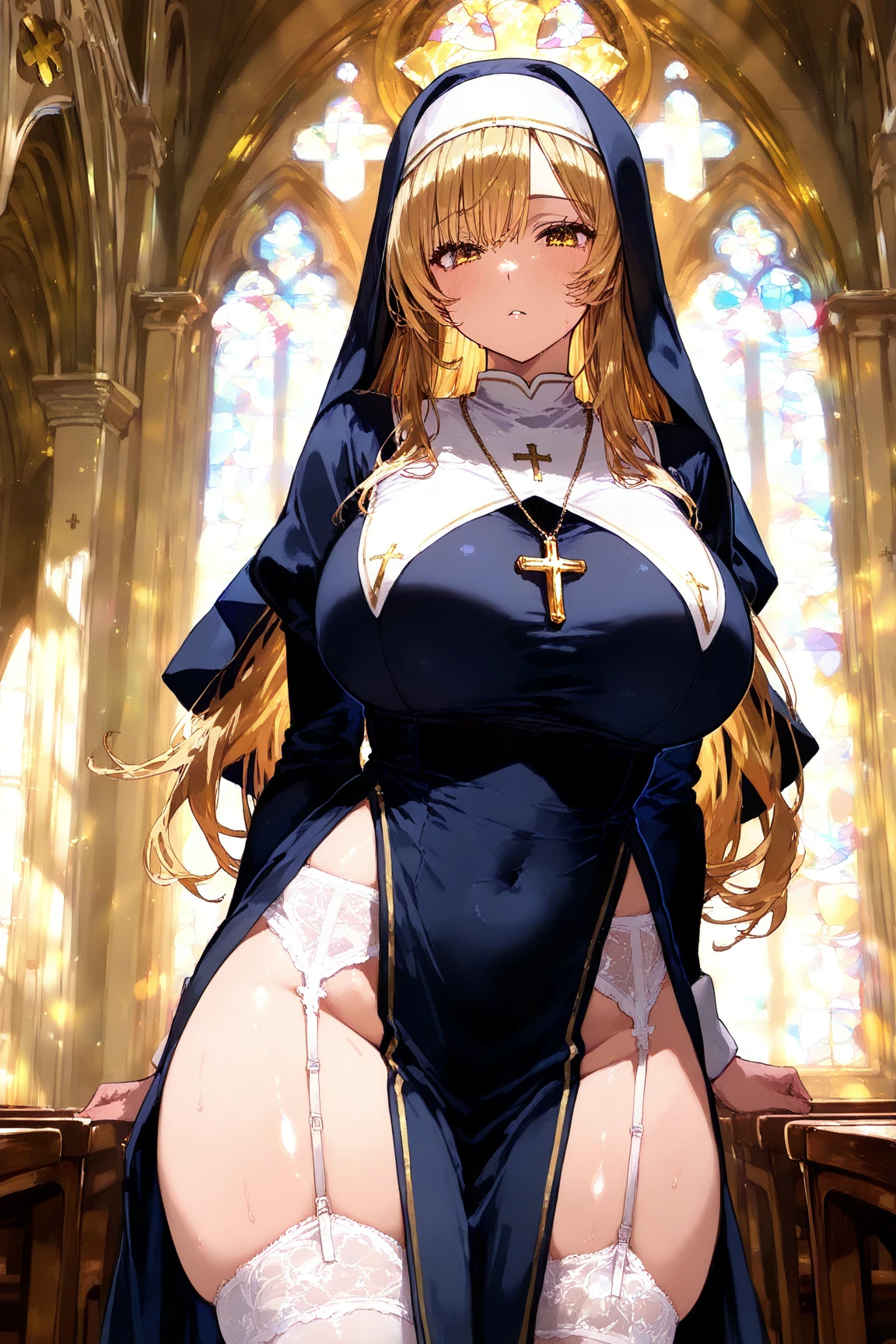 long hair, breasts, looking at viewer, blush, smile, blue eyes, multiple girls, blonde hair, long sleeves, navel, jewelry, medium breasts, closed mouth, nipples, standing, cowboy shot, solo focus, indoors, cape, groin, see-through, covered navel, no panties, 6+girls, halo, ring, cross, breasts out, between breasts, revealing clothes, veil, pelvic curtain, shrug \(clothing\), nun, habit, church