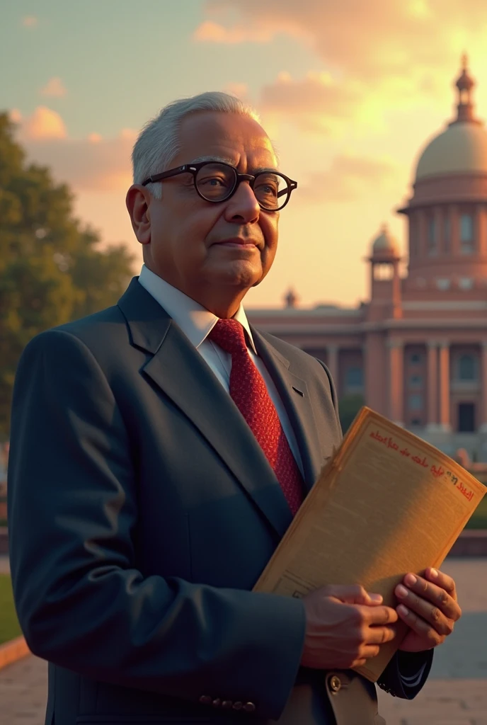 "An illustration of Rajendra Prasad, the first President of India, with the Indian Parliament building in the background, emphasizing his role as the first President. Include text: 'प्रश्न 1: भारत के पहले राष्ट्रपति कौन थे?'"