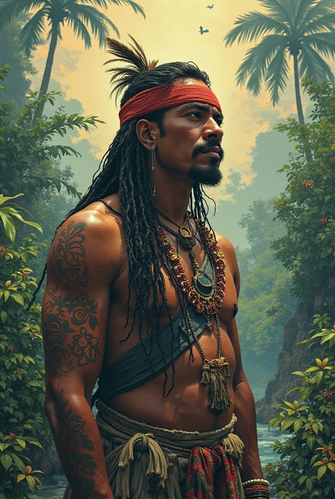 Painting portrait of native white man with nose ring.Hair with locks wearing a bandana in the hair .Tribal face tattoo. Torse nue dans la jungle