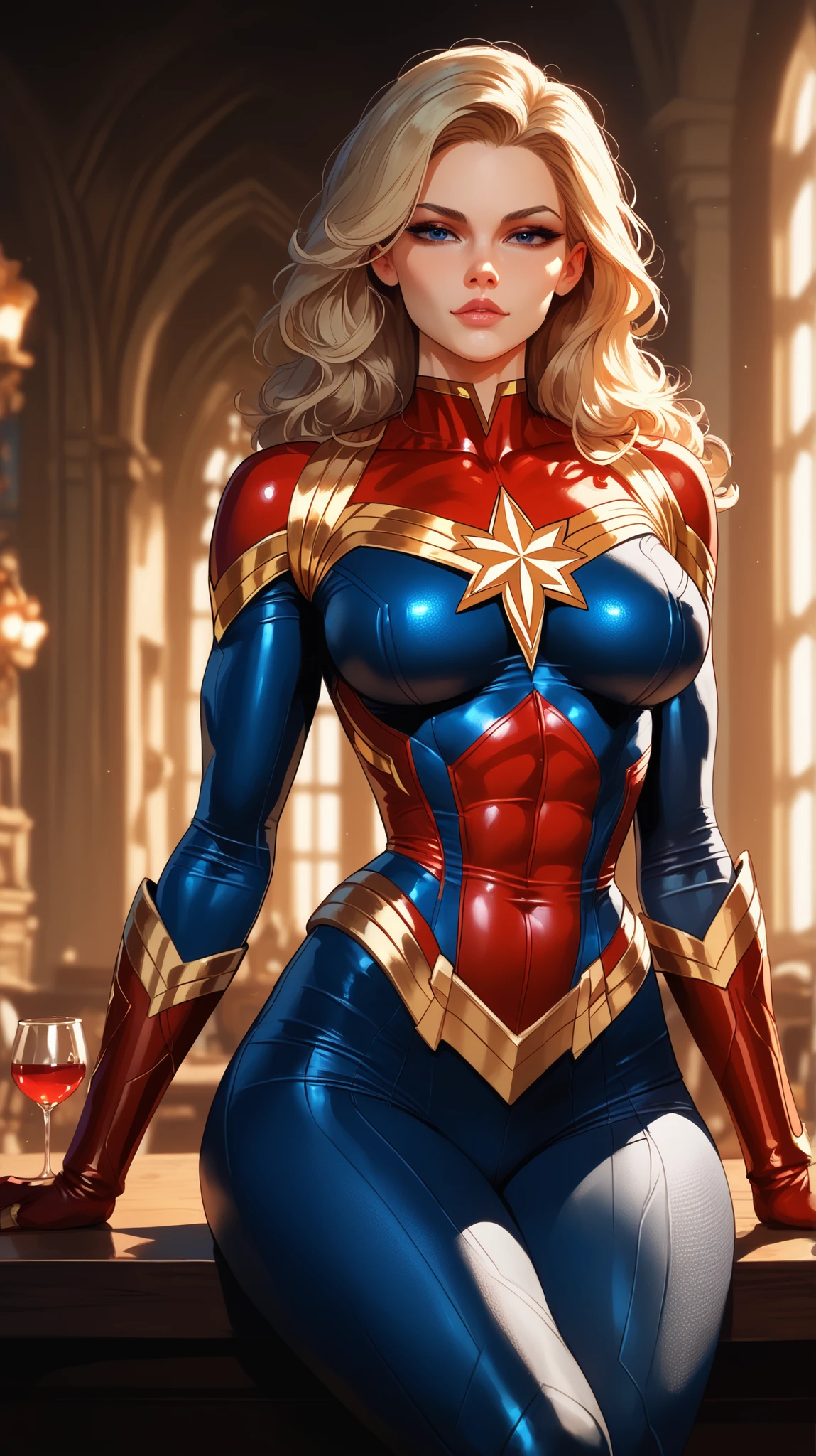 1female,41 years old,熟妇,A MILF ,Married Woman, mature,plumw,extremely large bosom ,Pornographic exposure, 独奏,(Background with:Underwater,ocean floor,Undersea volcanoes,airbubble,The corals) She has short blonde hair,standing underwater,seen from the front, hair straight,(((tmasterpiece),(Very detailed CG unity 8K wallpaper),best qualtiy,cinmatic lighting,detailed back ground,beatiful detailed eyes,Bright pupils,Redlip(Very fine and beautiful),(Beautiful and detailed eye description),ultra - detailed,tmasterpiece,)),facing at camera,A high resolution,ultra - detailed),revealing breasts,Bare genitalia, Bulge,legs are open,Raised sexy,Camel toes,Flushed complexion,frontage,(Wearing:Captain Marvel uniform)