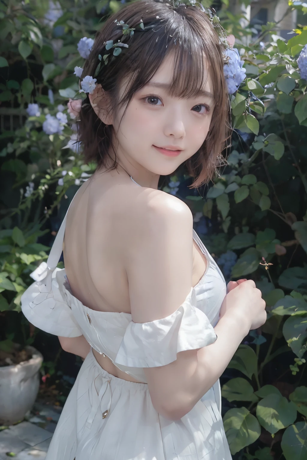 8k, raw photo, best quality, hires, realistic, photorealistic, extremely detailed 8k wallpaper, beautifully detailed eyes, finely detailed face,
 break 
cinematic lighting,
 break 
perfectly anatomically correct:1.2,
 break 
a lot of clusters of vibrant blue hydrangea flowers dominate the foreground and their petals are forming lush,
(spherical blooms),
each flower is a delicate shade of blue and ranging from light to slightly deeper hues,
it unified by flower's intricate layering,
(more hydrangea bushes in the background create a tapestry of blue and leading the eye into the distance),
reminiscent of a quiet garden stroll during june,
[the leaves surrounding the blossoms are rich verdant green and providing a striking contrast in the composition],
[the foliage appears fresh with some leaves showcasing soft textures and veins running along their surface],
the ambient lighting is soft and natural which is suggesting an overcast day that enhances the colors and textures without casting harsh shadows,
[in the background it suggests human presence and is providing a subtle hint of life and interaction with nature],
the overall mood is tranquil and refreshing,
 break 
1 female like an idol with short bob cut, kawaii,
dynamic pose, cute natural anime face,
in kimono,
beautiful ideal spherical shape medium soft buttocks emphasize her confident pose and add to the boldness of her outfit:1.2,
we can see textured cameltoe, curvy thighs,
(symmetrical clear eyes, chocolate color eyes with captivating reflections),
round face, wide-set eyes, tareme, chiseled face, (small face),
bewitching smile with opened mouth,
it casting gentle shadows that enhance the scene's relaxed atmosphere,
 break 
low angle dynamic back shot:1.2, bokeh