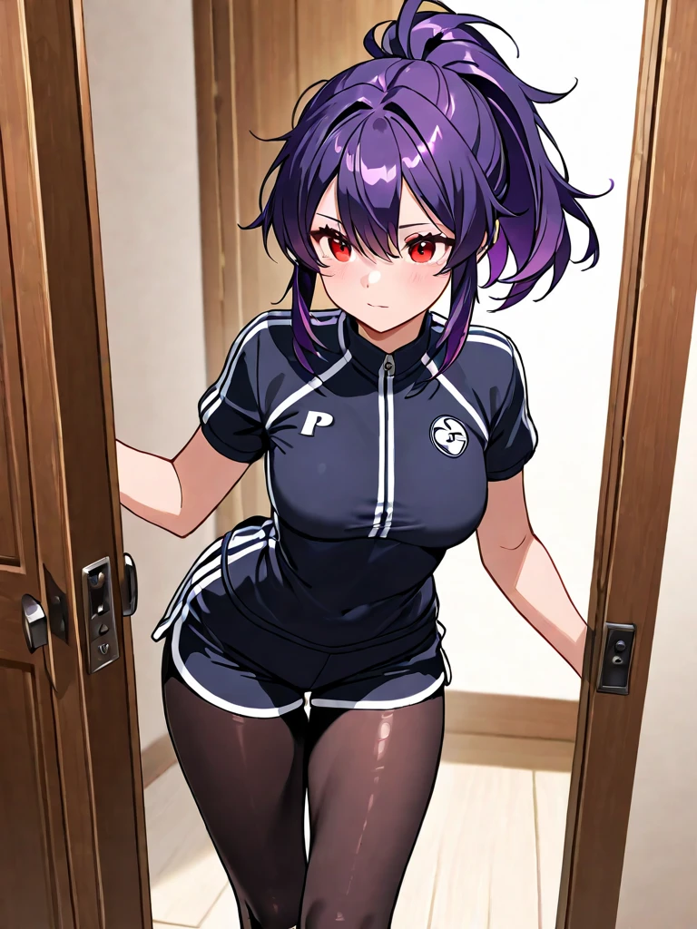 beautiful young fitness woman with , in a gym wearing May with black pantyhose, white and purple fitted gym jacket. standing alone,hair horns,bright purple eyes,mocking smile,legging preto,purple gloves