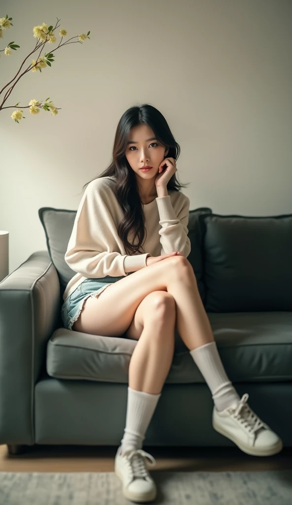 1 Girl,sitting on a comfortable grey sofa,Legs crossed,Soft Light, And the interior