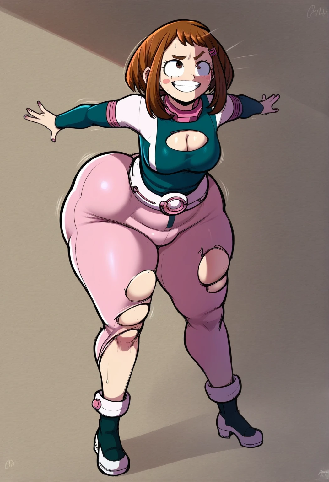 [ochako uraraka; Boku no hero academia], ((high quality)), ((solo portrait)), ((bird's-eye view)), ((full body)), ((HD)), ((cute)), ((anime)), ((cel shading)), ((detailed shading)), ((intricate details)), {ochako, (rosy cheeks), big round brown eyes, short brown hair, short eyelashes, large , (curvaceous wide exaggerated hips, tiny waist), (beautiful lips), (excited smile), (blushing)}, {(hero costume), (bodysuit)}, {(waving), (looking at viewer)}, (((hyper erotic))), ((hyper detailed)), (hyper realistic), no background, ((((tight ((see-through clothing)))))) ((((((BOLD LINES))))),((((((((Clean and crisp)))))))