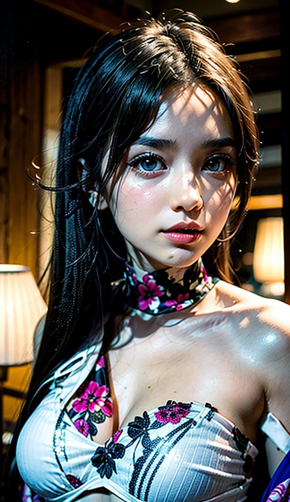 pokemonmay, pokemonmay, blue eyes, brown hair, bandana, long hair, twintails, hair between eyes, (small breasts:1.2), BREAK japanese clothes,kimono,wet kimano, yukata,cleavege,neckline,black choker, BREAK looking at viewer, BREAK outdoors, onsen,night,steam,wet,stars,starfall,hot water, BREAK (masterpiece:1.2), best quality, high resolution, unity 8k wallpaper, (illustration:0.8), (beautiful detailed eyes:1.6), extremely detailed face, perfect lighting, extremely detailed CG, (perfect hands, perfect anatomy),upper body,from below,naked shoulders,