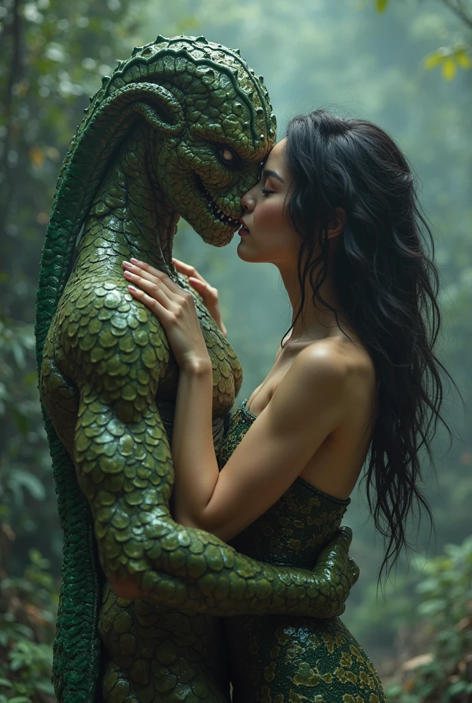 Indian TUNIC ,using lust, beautiful young indigina teenager happy vs giant colossal black dragon monster wrapped around her body, squeezing her in a tight hug, hugging and kissing sexual erotic bestiality realistic sex in the rainforest full body, best wet quality