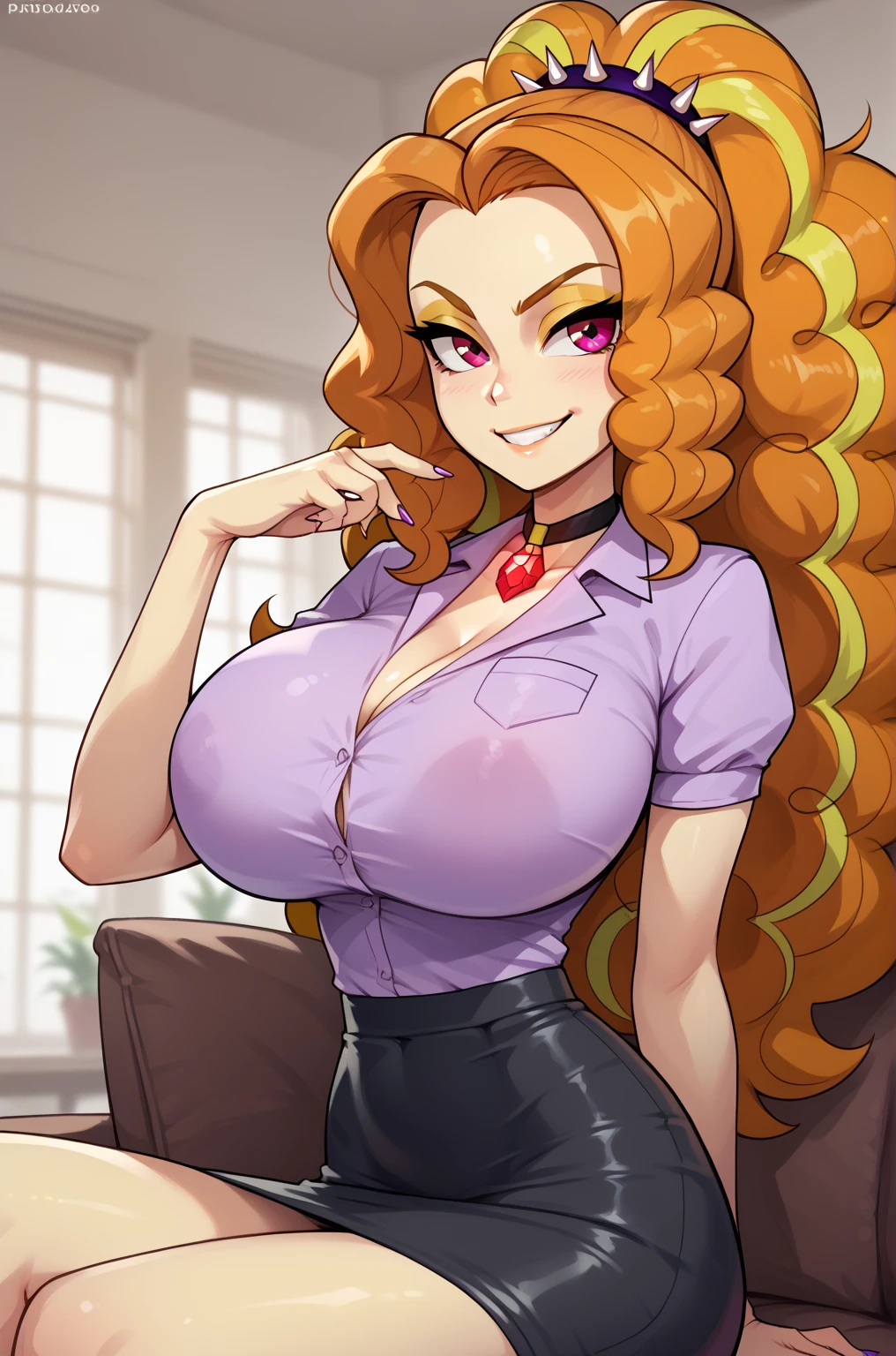 masterpiece, best quality, high quality, highres, big breasts, (mature female), (older), rainbow hair, long messy hair, hair over one eye, France, green eyes, grey dress, sleeveless, collarbone, grin, necklace, jewelry, earrings, blurry background, indoors, window, half-closed, (being stroked by a man's crotch) having sex with a man, 1 man, 1 woman, couple,  splattered everywhere, cum, bukkake, red hair