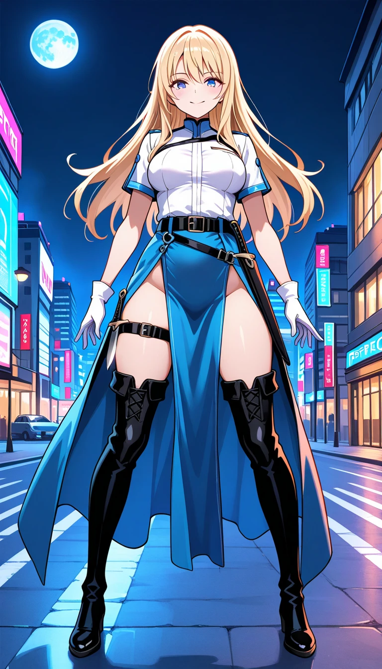 (Masterpiece, Best quality, ultra high resolution),1girl, gyaru, dark brown skinned, blue eyes, blonde hair, large breasts, thick thighs, himecut, Black office jacket, white shirt, black office skirt and black stockings, beautiful and detailed face, detailed eyes, detailed nose, cyberpunk city at night with fog and neon lights
