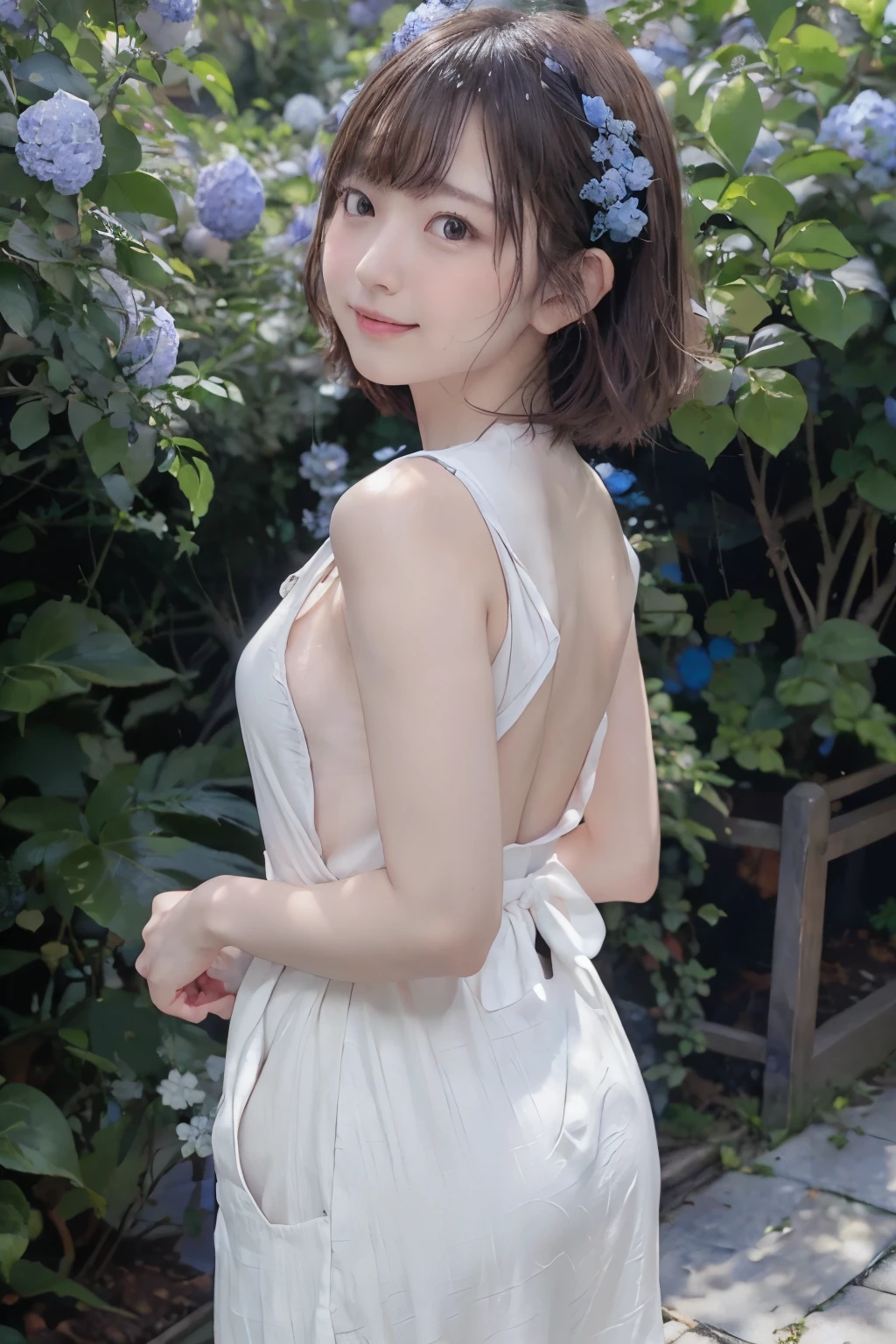 8k, raw photo, best quality, hires, realistic, photorealistic, extremely detailed 8k wallpaper, beautifully detailed eyes, finely detailed face,
 break 
cinematic lighting,
 break 
perfectly anatomically correct:1.2,
 break 
a lot of clusters of vibrant blue hydrangea flowers dominate the foreground and their petals are forming lush,
(spherical blooms),
each flower is a delicate shade of blue and ranging from light to slightly deeper hues,
it unified by flower's intricate layering,
(more hydrangea bushes in the background create a tapestry of blue and leading the eye into the distance),
reminiscent of a quiet garden stroll during june,
[the leaves surrounding the blossoms are rich verdant green and providing a striking contrast in the composition],
[the foliage appears fresh with some leaves showcasing soft textures and veins running along their surface],
the ambient lighting is soft and natural which is suggesting an overcast day that enhances the colors and textures without casting harsh shadows,
[in the background it suggests human presence and is providing a subtle hint of life and interaction with nature],
the overall mood is tranquil and refreshing,
 break 
1 female like an idol with short bob cut, kawaii,
cute natural anime face,
in japanese yukata,
beautiful ideal spherical shape medium soft buttocks emphasize her confident pose and add to the boldness of her outfit:1.2,
we can see textured cameltoe, curvy thighs,
(symmetrical clear eyes, chocolate color eyes with captivating reflections),
round face, tareme, [wide-set eyes], chiseled face, (small face),
bewitching smile with opened mouth,
it casting gentle shadows that enhance the scene's relaxed atmosphere,
 break 
low angle dynamic back shot:1.2, bokeh