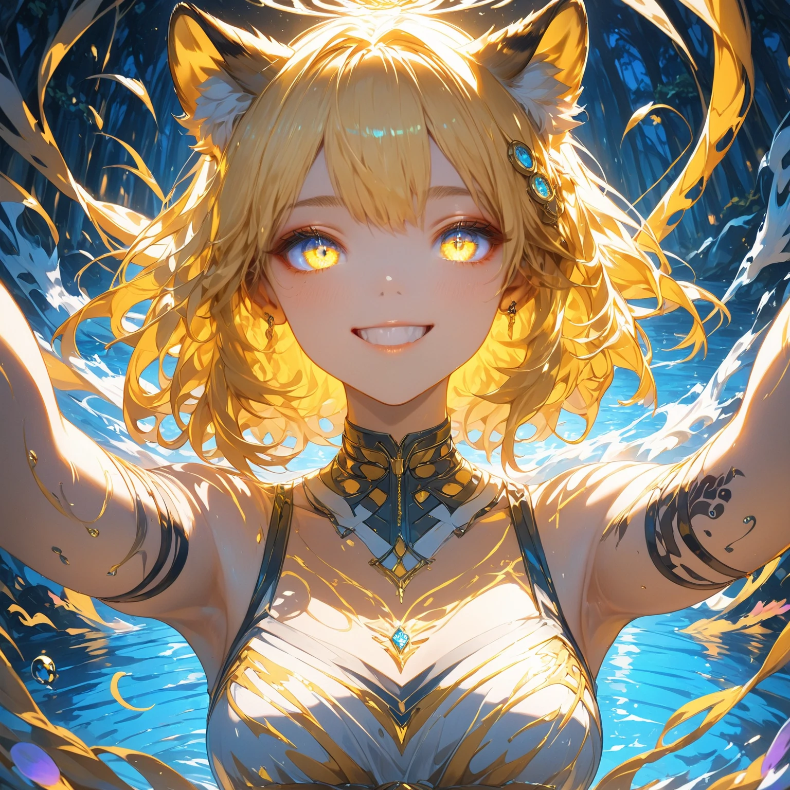 Detailed textures, high quality, high resolution, high accuracy, realism, color correction, correct lighting settings, harmonious composition. A girl stands in the dark, surrounded by light particles and shimmering gold sparks that form an ethereal glowing wolf silhouette above her head. The atmosphere is mysterious with soft lighting creating a magical ambiance. Digital illustration. --ar 3:4 --niji 6