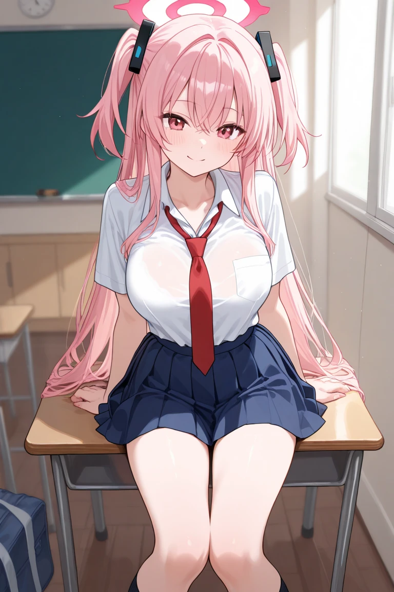 (masterpiece、highest quality、Super detailed)、((One girl))、((Pink Hair))、((Twin tails))、((Light blue eyes))、evil smile、((Grin))、Earrings、((Very large breasts))、((White collared shirt))、Short sleeve、cleavage、((Black pleated skirt))、socks、Loafers、sitting, knees up、Shoot from below、Gym storeroom