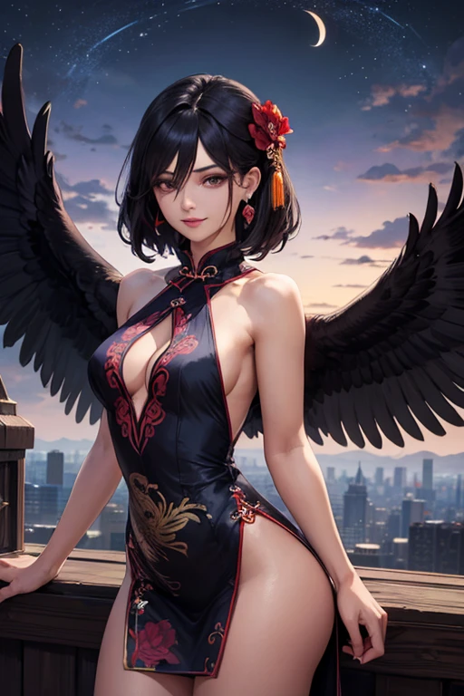 Full digital painting of a pretty chinese girl, realistic eyes with cute smile with tongue out expression, wear open-front fitted cheongsam paired with red high heels, big breast, straight hair with side sweep, eyes facing camera, feminine pose, her eyes facing the camera expressively, sitting on a dragon, hyper realism, realistic, high resolution, visible strokes, abstract colourful background, neon lighting, digital painting