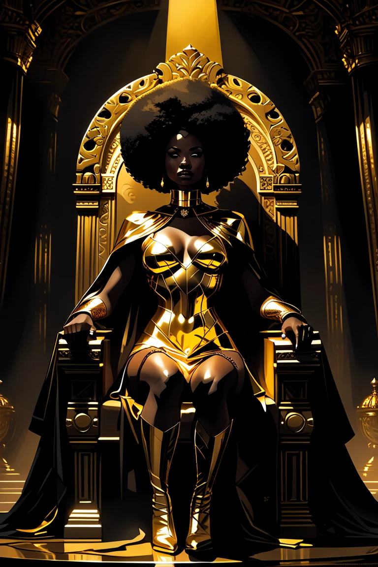 (a muscular ebony skinned female),(thicc),(detailed eyes and face),(long eyelashes),(black dreadlocks),(beautiful detailed lips),(wearing sexy bdsm gear with a fur-lined cape),(wearing fishnets),(wearing thigh-high leather boots),(alone),(confident pose),(dramatic lighting),(vivid colors),(photorealistic),(sharp focus),(ultra-detailed),(highres),(best quality),(masterpiece:1.2)